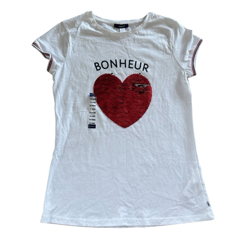 Okaidi “Bonheur” Happiness Sequin Heart T-shirt Top White Girls 14y NWT French